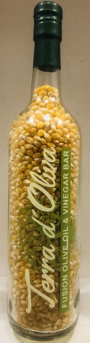 25.5 oz (750 ml ) Organic Non GMO Yellow Butterfly Popcorn Kernel in Custom Terra d Oliva Glass Bottle